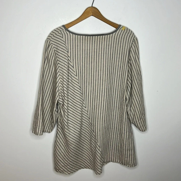 KHANGURA 100% Linen Lagenlook Artsy Striped Hi Low Tunic Mixed Print Blouse - Picture 8 of 12
